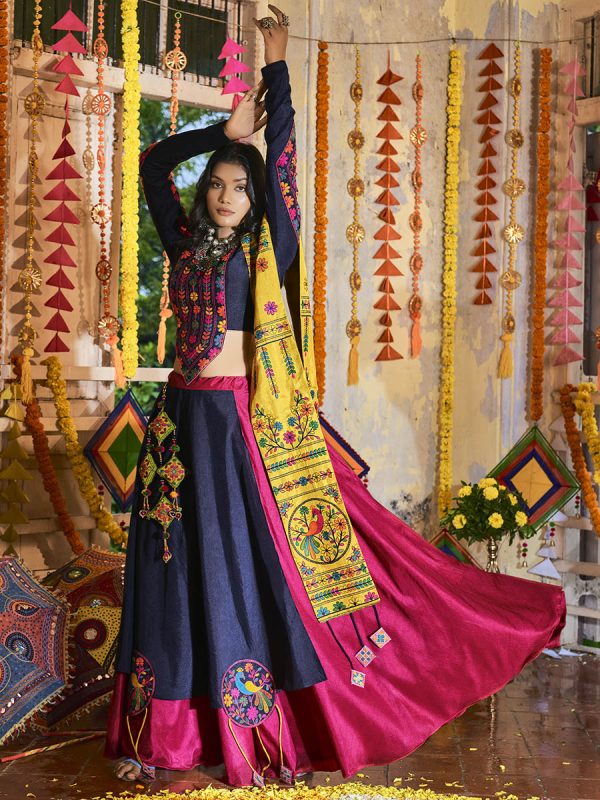 Myra Pink and Navy blue Silk Embroidered Navratri Special Lehenga Hot on Sale