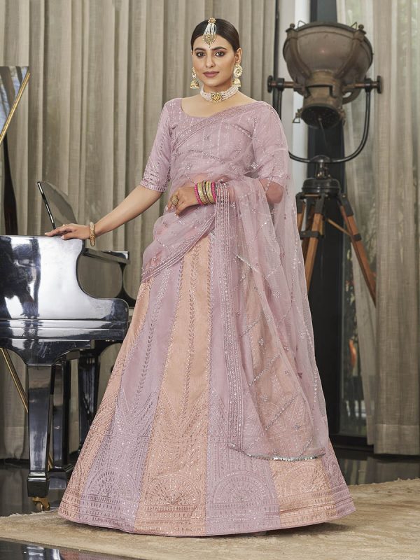 Myra Pink & Peach Multicolour Art Silk Embroidered Designer Lehenga Choli For Cheap