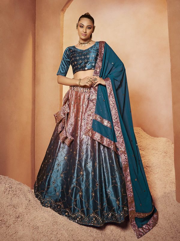 Myra Teal Blue Velvet Embroidered Designer Lehenga Choli on Sale