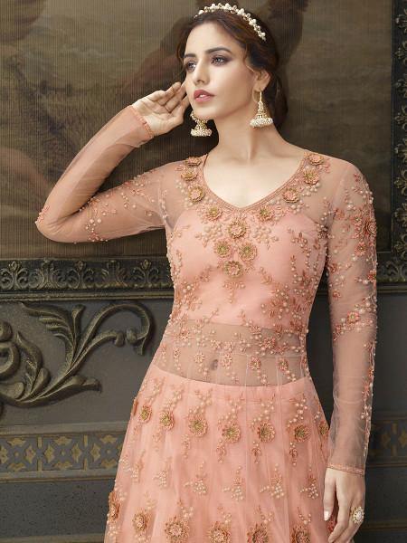 Myra Peach Soft Net Embroidered Handwork Gown Style Suit For Sale