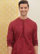 House of Pataudi Men Red Embroidered Jashn Straight Kurta Supply