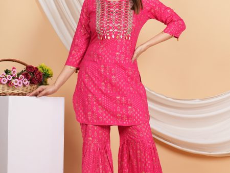 House of RP Women Pink Rayon Embroidered with Printed Kurta & Sharara Set Discount