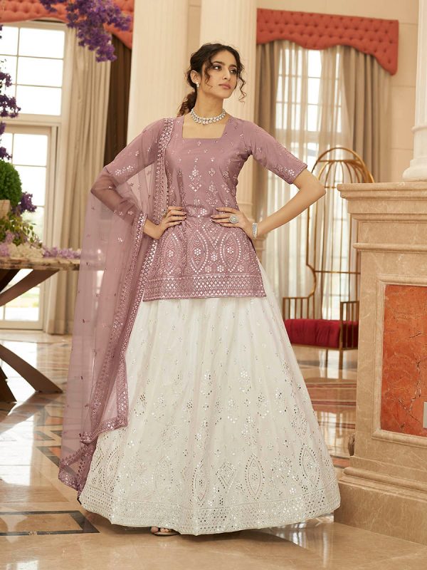 Myra Pearl White and Dusty Pink Embroidered Designer Lehenga Online Sale