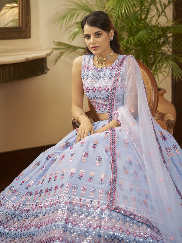 Myra Sky Blue Georgette Embroidered Designer Lehenga Sale