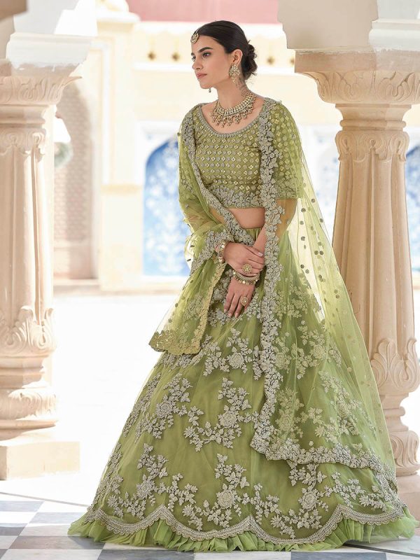 Myra Olive Green Net Embroidered Lehenga Hot on Sale