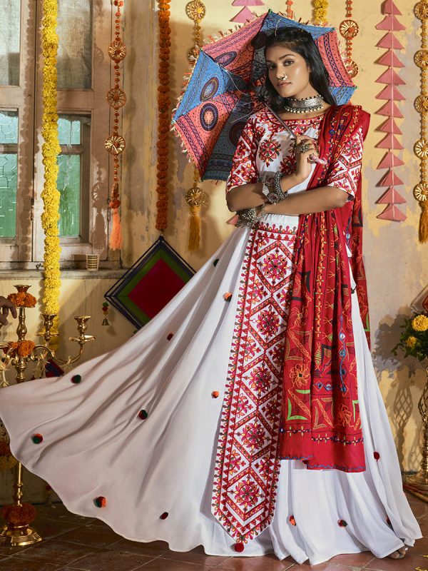 Myra White Maslin Cotton Embroidered Navratri Special Lehenga Cheap