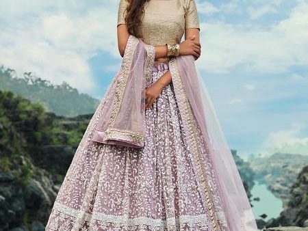 Myra Cream and Lilac Net Embroidered Lehenga Choli Hot on Sale