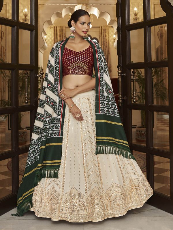 Myra Pearl White , Maroon and Green Georgette Designer Lehenga Choli Fashion