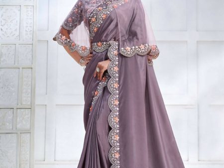 Lavender Crepe satin silk Cord & Sequence Embroidered with Stone work Saree - Mohmanthan Majestica Sale