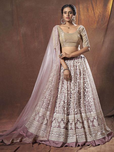 Myra Lilac Embroidered Soft Net Lehenga Cheap