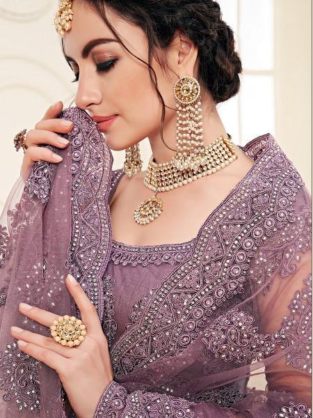 Myra Violet Heavy Embroidered Net Lehenga For Cheap