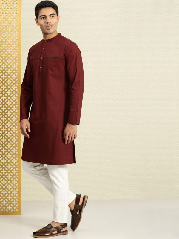 House of Pataudi Men Maroon Solid Straight Kurta For Cheap