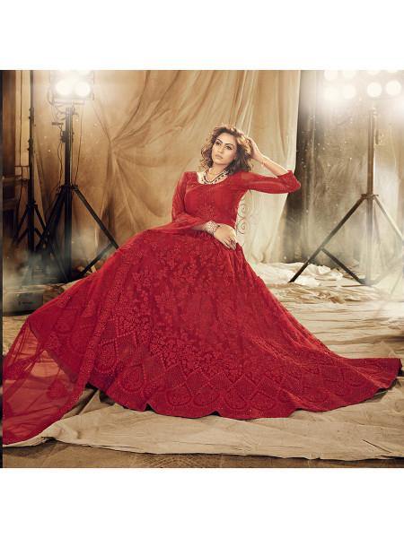 Myra Red Heavy Embroidered Net Bridal Lehenga on Sale