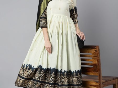 Khushal K Women Cream-Coloured & Black Printed Kurta with Palazzos & Dupatta Online now