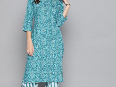 HERE&NOW Women Blue & White Bandhani Print Kurta with Striped Trousers For Sale