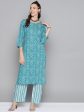 HERE&NOW Women Blue & White Bandhani Print Kurta with Striped Trousers For Sale