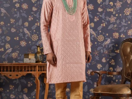 House of Pataudi Ethnic Motifs Embroidered Mandarin Collar Straight Kurta With Churidar For Sale