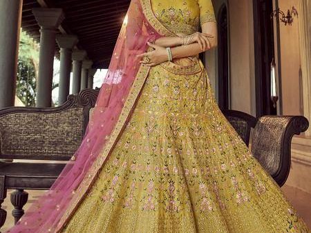 Myra Mustard Heavy Embroidered Georgette bridal Lehenga on Sale