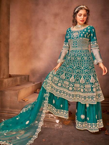 Myra Rama Green Heavy Embroidered Gharara Suit Cheap