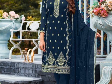 Myra Royal Blue Heavy Faux Georgette Embroidered Pant Style Suit Online Sale