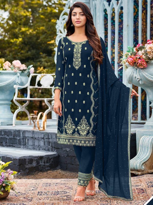 Myra Royal Blue Heavy Faux Georgette Embroidered Pant Style Suit Online Sale