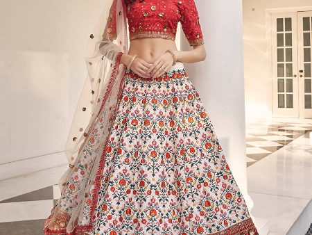 Myra White and Red Art Silk Heavy Embroidered Lehenga For Cheap