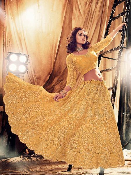 Myra Mustard Yellow Heavy Embroidered Net Bridal Lehenga Hot on Sale