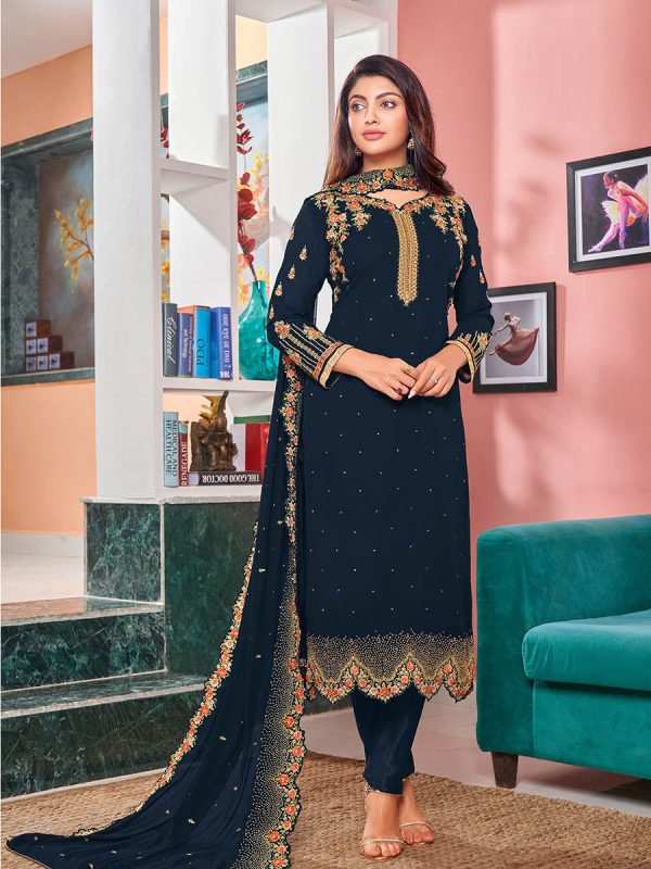 Myra Navy Blue Heavy Faux Georgette Embroidered Churidar Suit Online