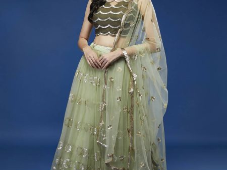 House of Panchhi Lime Green Net Embroideried Round Sequins Lehenga For Discount