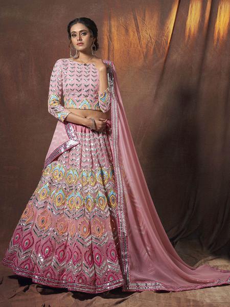 Myra Peach Embroidered Georgette Lehenga Cheap