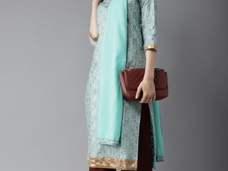 HERE&NOW Women Blue & Brown Printed Kurta with Palazzos & Dupatta Online now