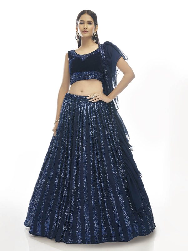 Myra Navy Blue Velvet Embroidered Designer Lehenga Fashion