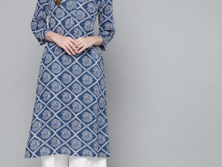 HERE&NOW Women Blue & White Geometric Printed Kurta Online