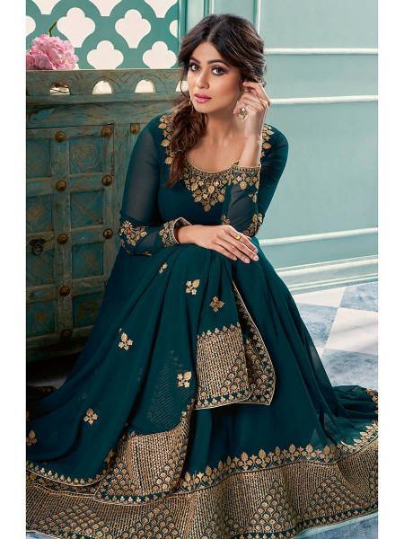 Myra Teal Embroidered Real Georgette Anarkali Suit For Cheap