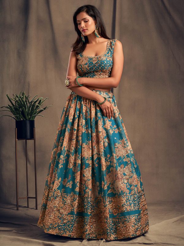 Myra Teal Blue Organza Silk Embroidered Lehenga Supply