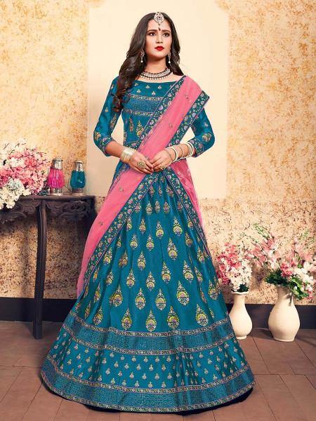 Myra Sky Blue Satin Embroidered Lehenga For Cheap