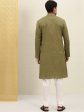 House of Pataudi Men Olive Green Striped Straight Kurta with Embroidered Detail Discount