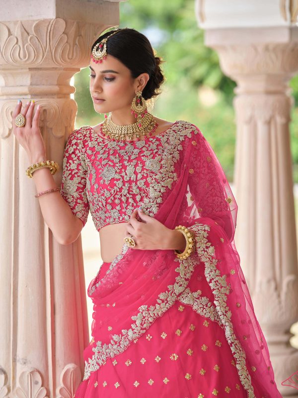 Myra Pink Net Embroidered Lehenga For Cheap