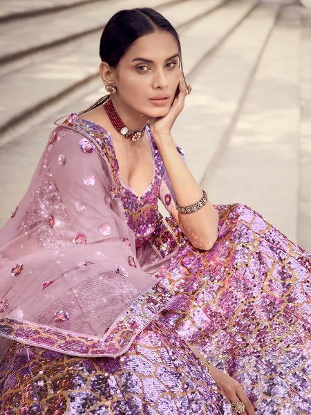 Myra Lilac Soft Net Heavy Embroidered Lehenga on Sale