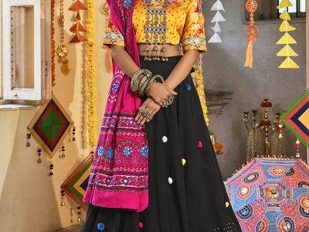 Myra Black and Mustard Yellow Maslin Cotton Embroidered Navratri Special Lehenga on Sale