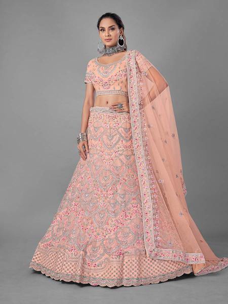 Myra Peach Heavy Embroidered Soft Net Bridal Lehenga For Women Online now