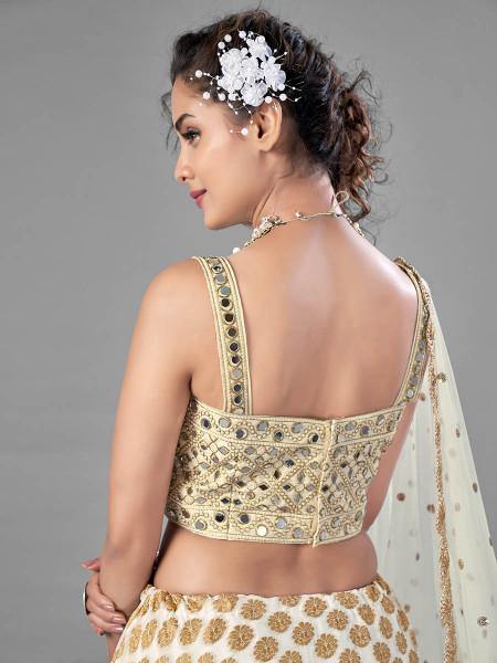 Myra White Heavy Embroidered Viscose Silk Bridal Lehenga Cheap