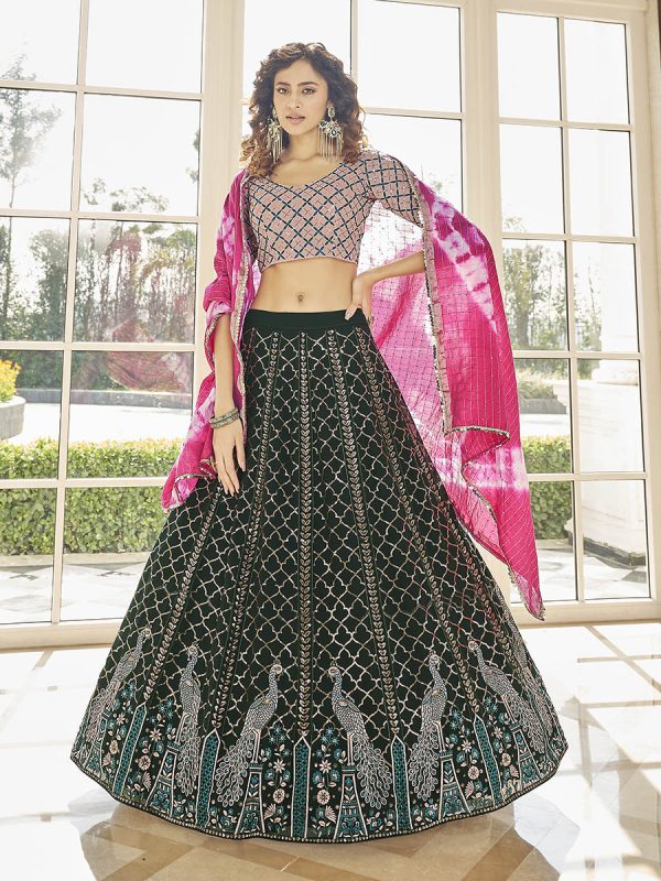 Myra Green & Pink Georgette Embroidered Designer Lehenga Online Hot Sale