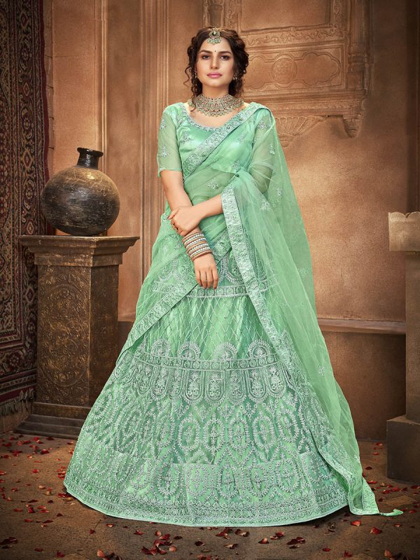 Myra Sea Green Heavy Embroidered Net Lehenga Online Sale