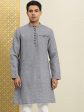 House of Pataudi Men Navy Blue & White Woven Design Straight Kurta For Cheap