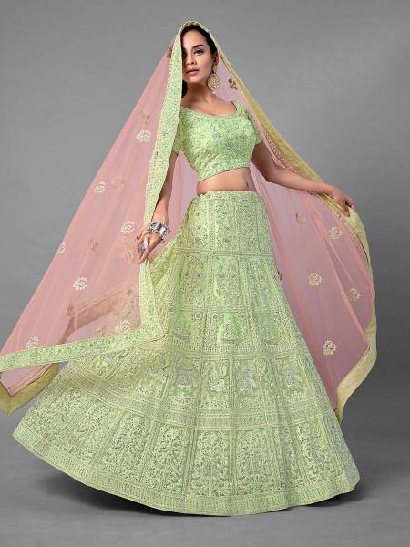 Myra Pista Heavy Embroidered Soft Net bridal Lehenga on Sale