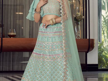 Myra Turquoise Organza Floral Print Embroidered Designer Lehenga For Discount