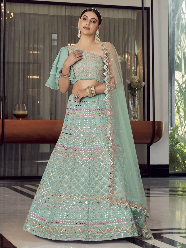 Myra Turquoise Organza Floral Print Embroidered Designer Lehenga For Discount