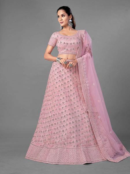 Myra Pink Heavy Embroidered Soft Net bridal Lehenga Online