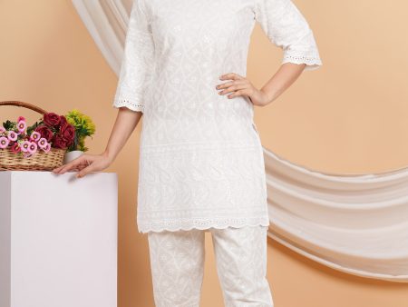 House of RP Women Off-White Cotton Chicken Embroidered Kurta & Pant Set For Sale